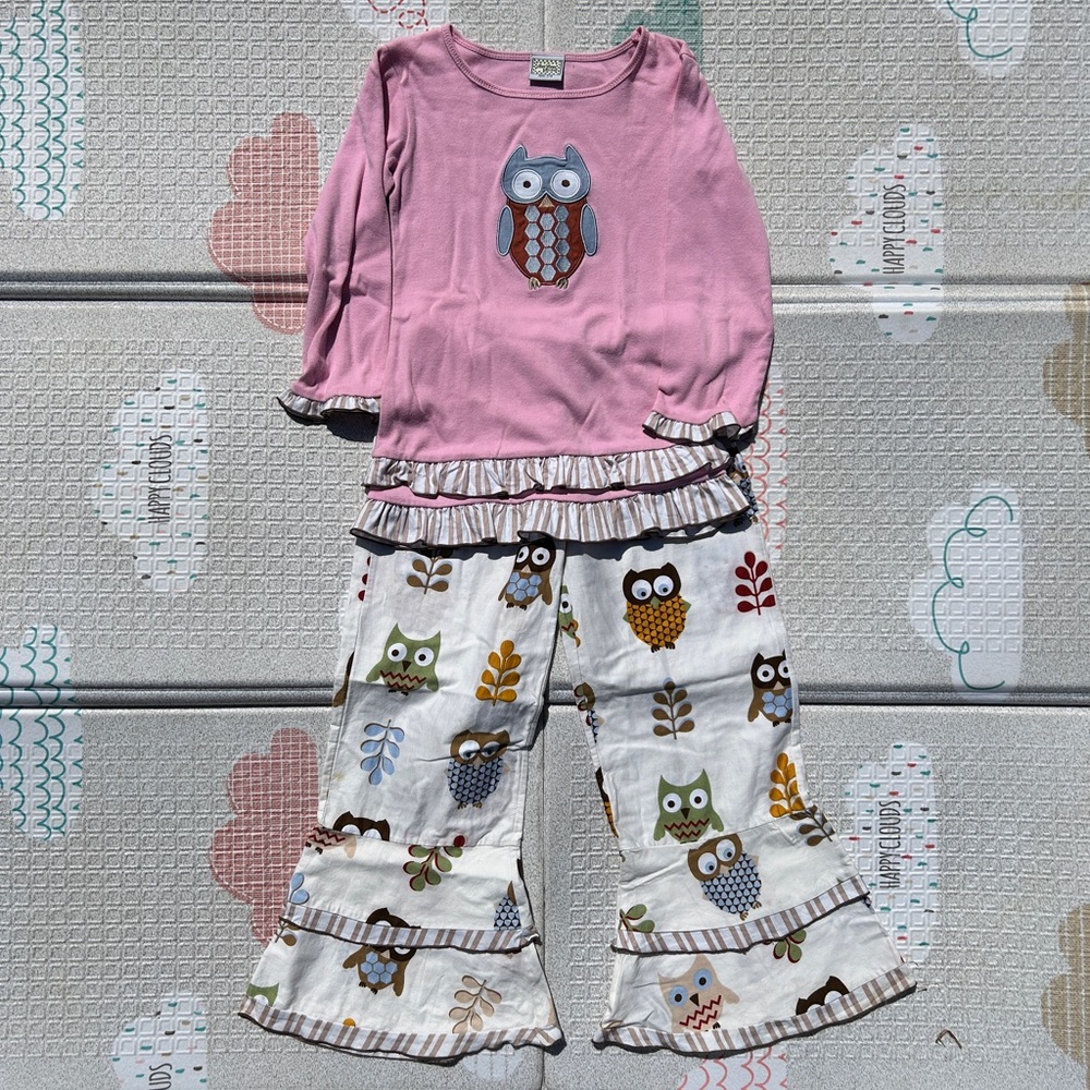 Ann Loren — Cute Owl Ruffle Bell Bottoms Outfit (Size 7/8)